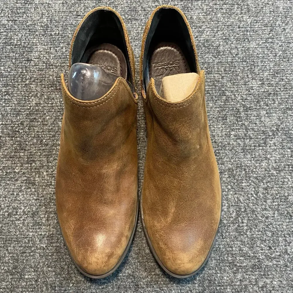 Sorel Out N About Brown Leather Ankle Boots Slip On Low Heel Booties Women's 9.5